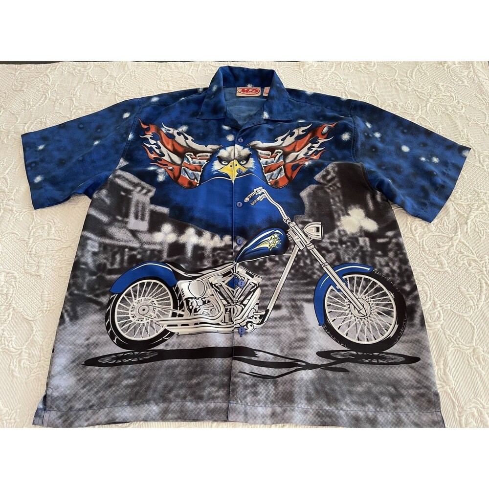 Vtg Malibu Dreams AOP Biker Bald Eagle Shirt Motorcycle Y2K Button Up Size Large